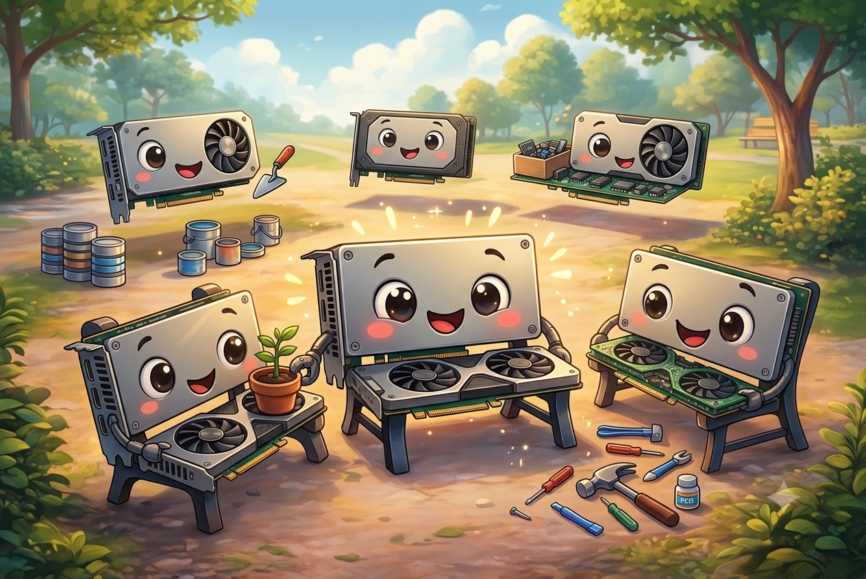 Illustration of cartoon park benches working together, a visual pun on ParallelKernelBench